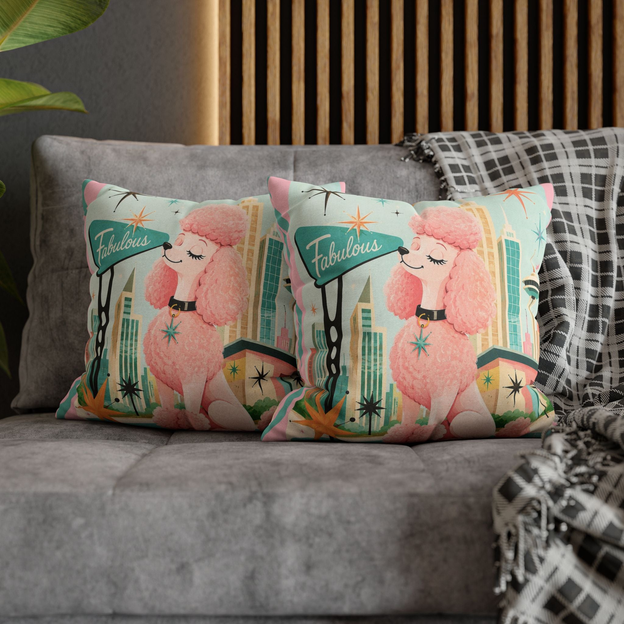Fabulous Pink Poodle Pillowcase Spun Polyester Square Pillowcase | Retro Mid-Century Dog - COVER ONLY
