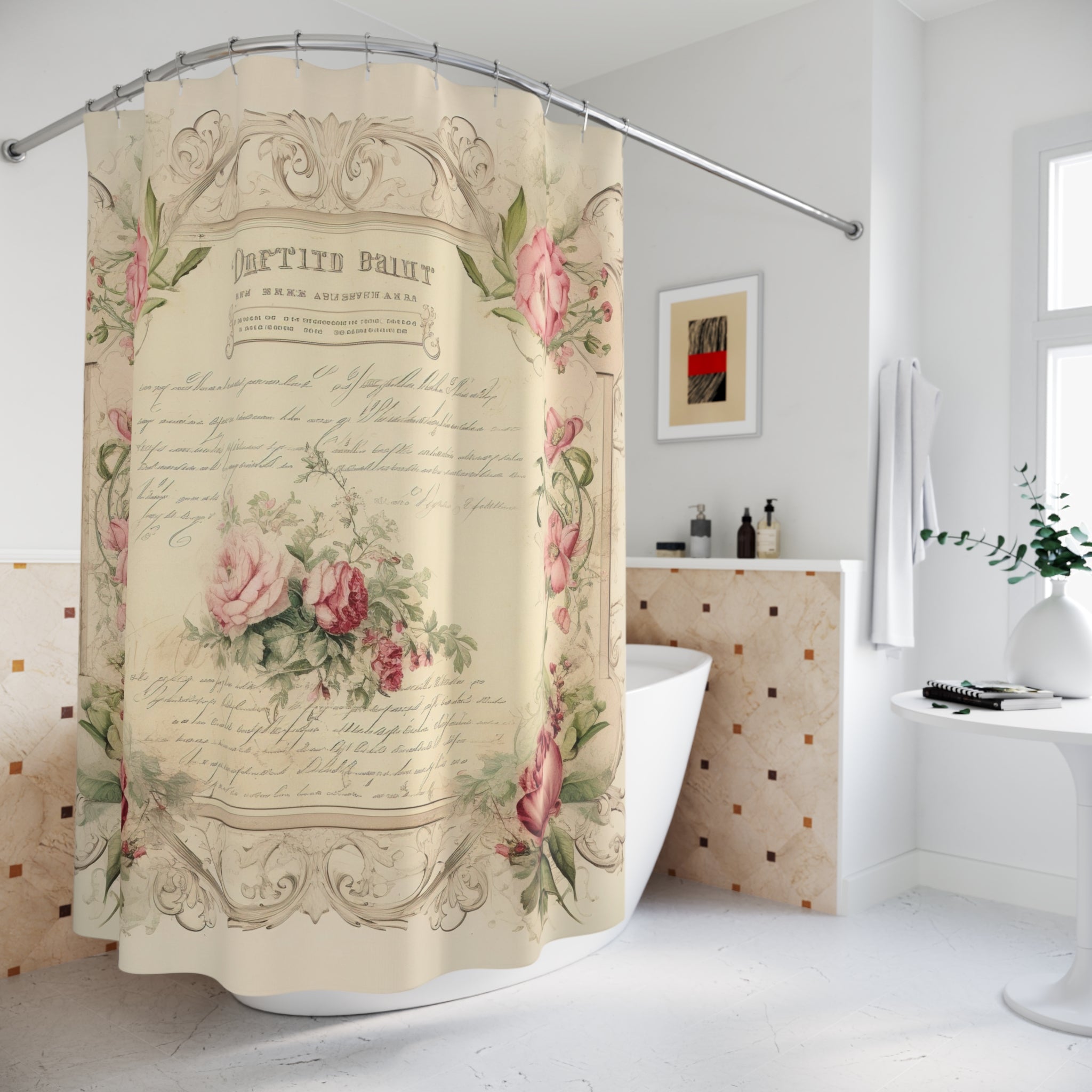 Vintage Rose Script Shower Curtain — Shabby Chic Floral Bathroom Decor