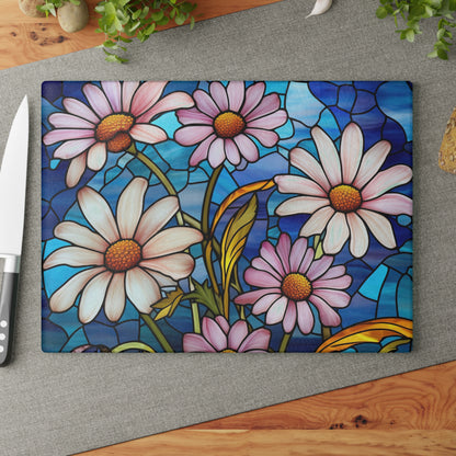 Dazzling Daisy Delight: Stained Glass-inspired Glass Cutting Board for Artful Kitchen Creations