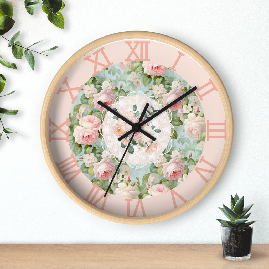 Shabby chic inspired pink rose Wall Clock, kitchen living room bedroom wall clock, silent mechanism