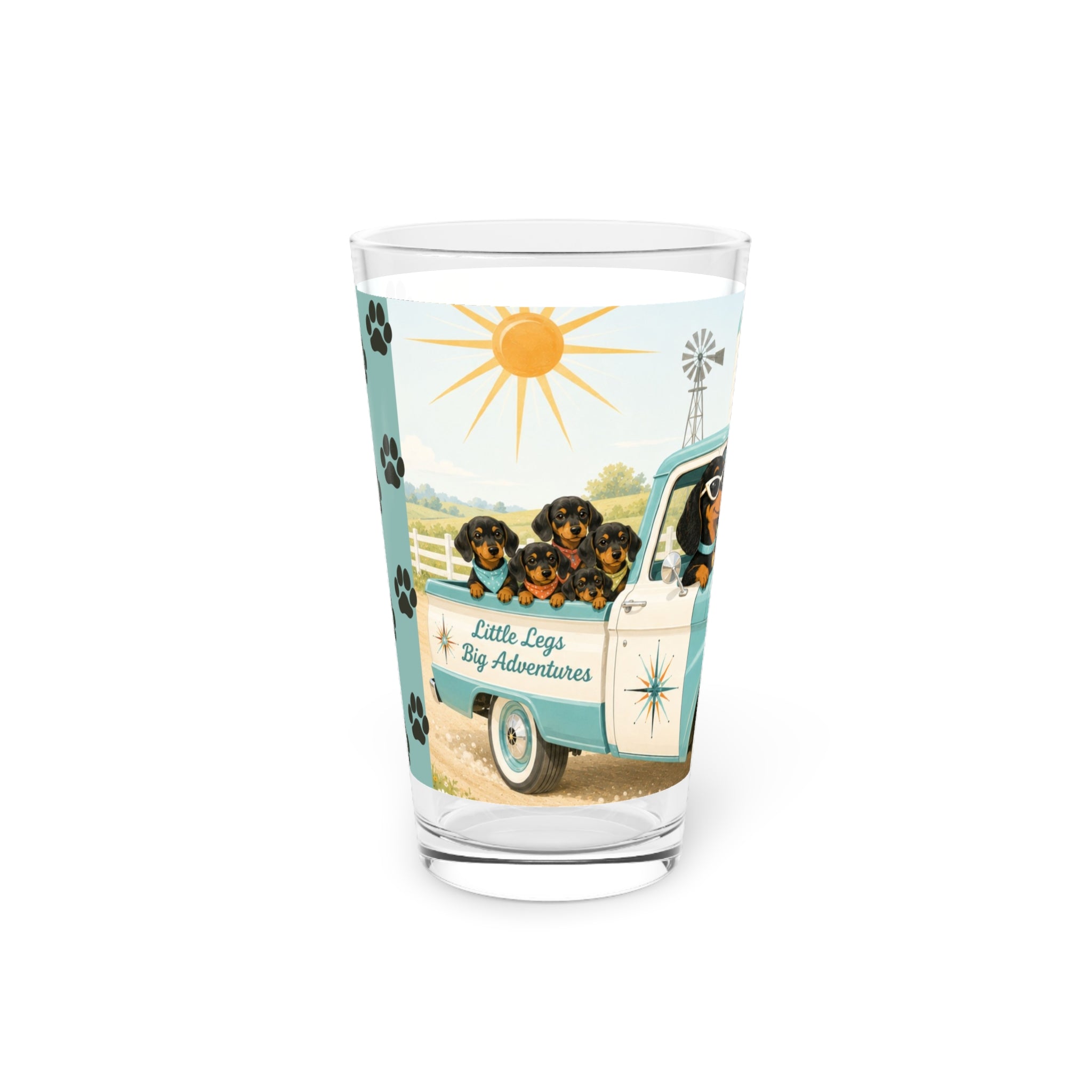 MCM Dachshund Family Road Trip Pint Glass | 16oz Retro Truck Design