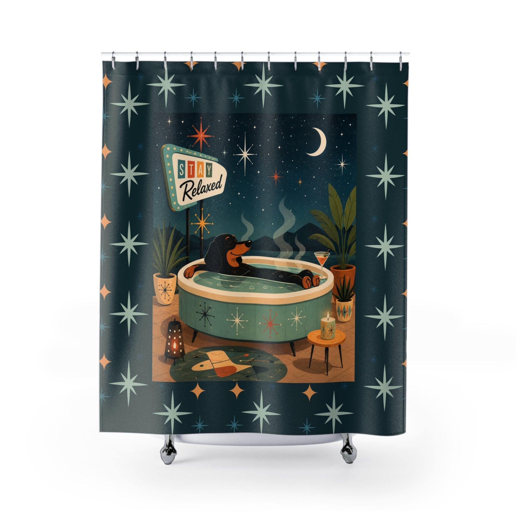 MCM Dachshund Stay Relaxed Retro Bath Scene Shower Curtain | Mid Century Night Soak