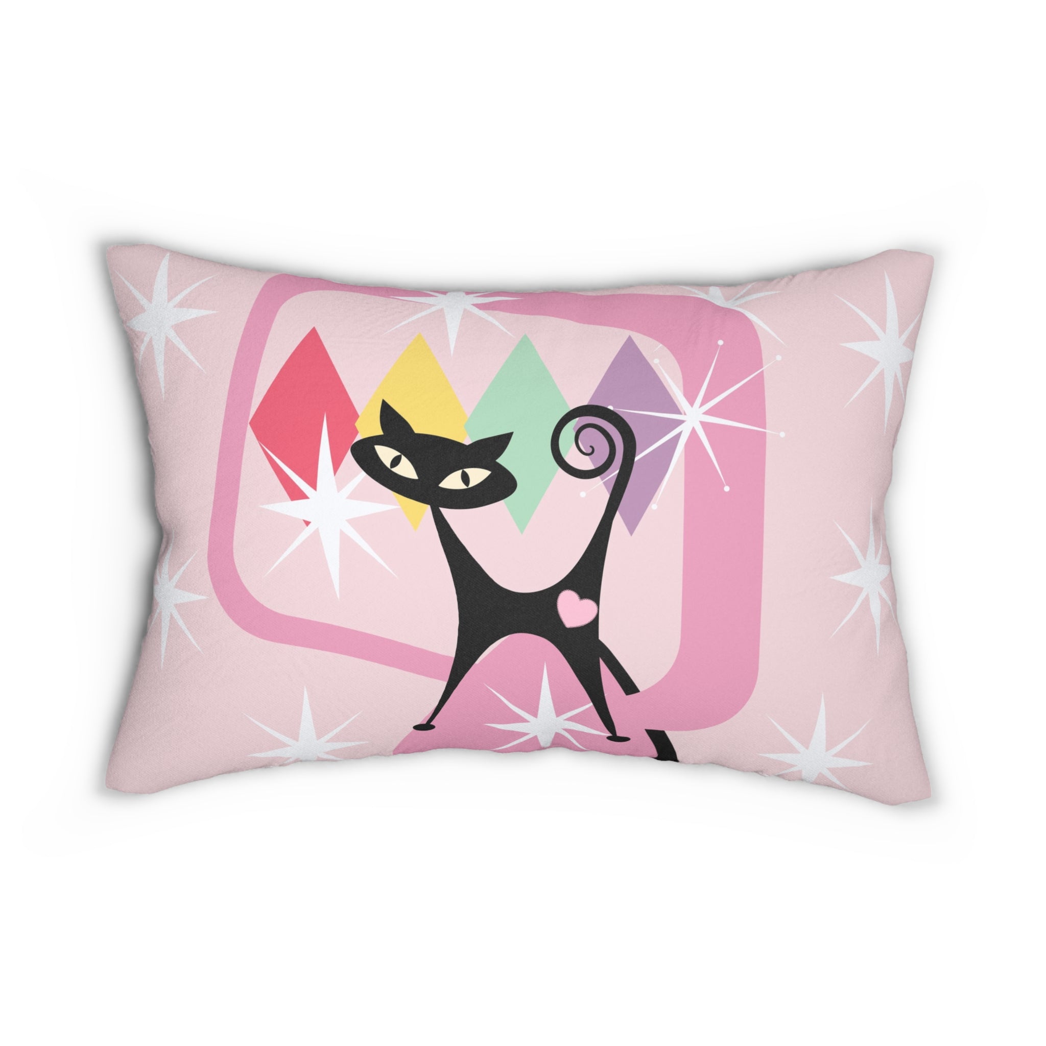 Pink starburst Atomic cat MCM Spun Polyester Lumbar Pillow, retro inspired, kitschy, Mid Century modern, black cat lover gift