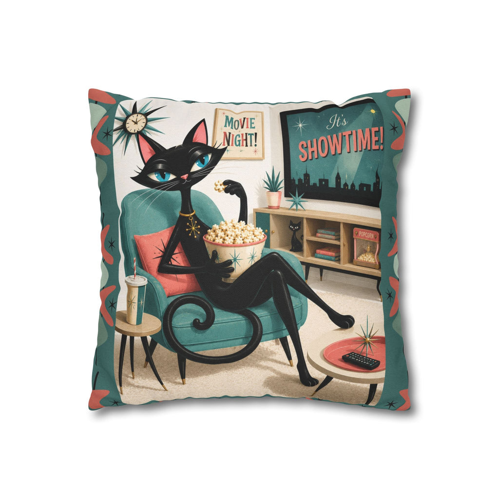 Retro atomic Black Cat Movie Night Pillowcase | MCM Square Pillowcase - Indoor use