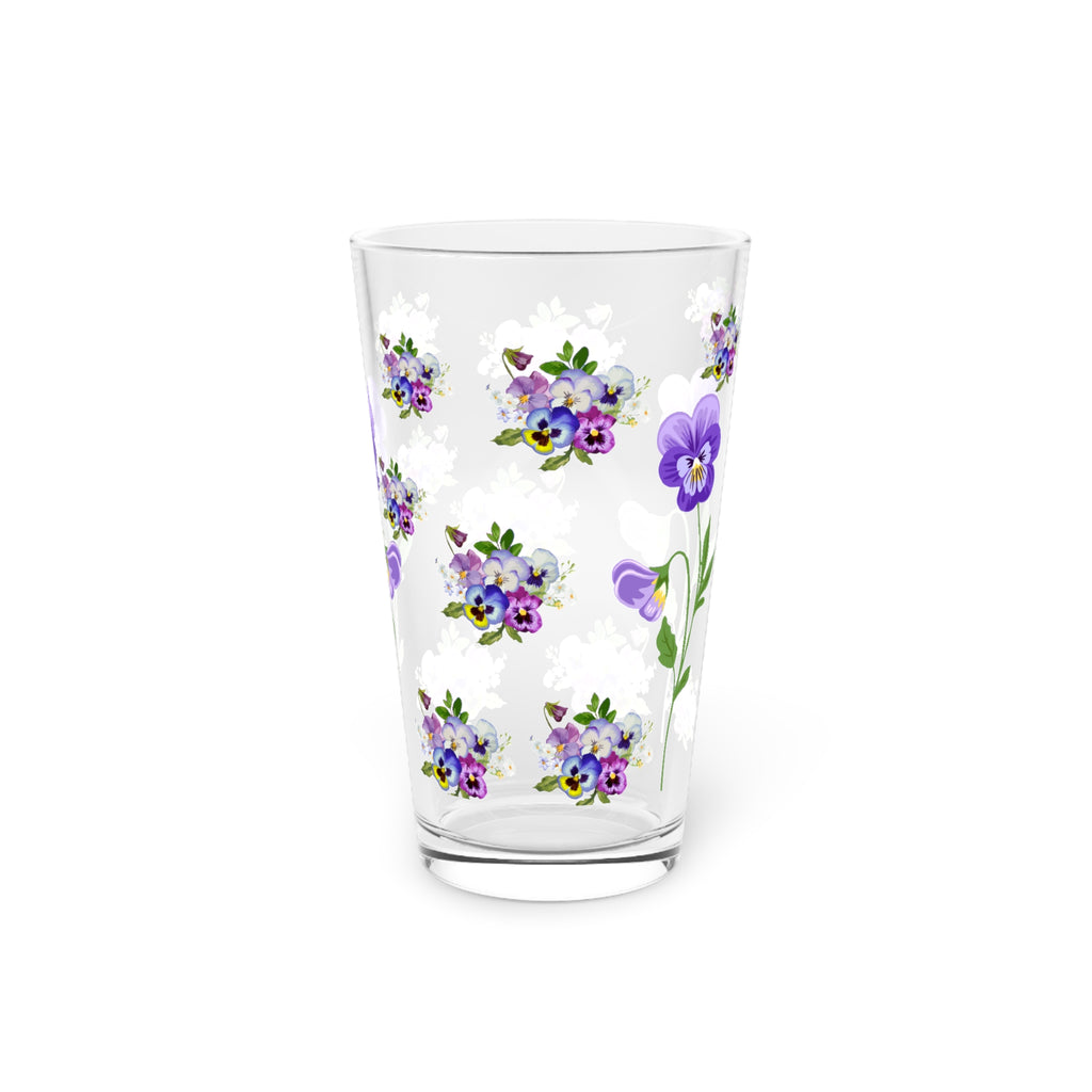 Pansies floral 16 oz Pint Glass, Art Tumbler, Beer Glass, Barware Drinkware, Wedding Gift, Party Glassware, flower garden Glassware
