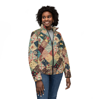 Retro inspired Patchwork (PRINTED LOOK ONLY) Womens Puffer Jacket, floral ladies Jacket