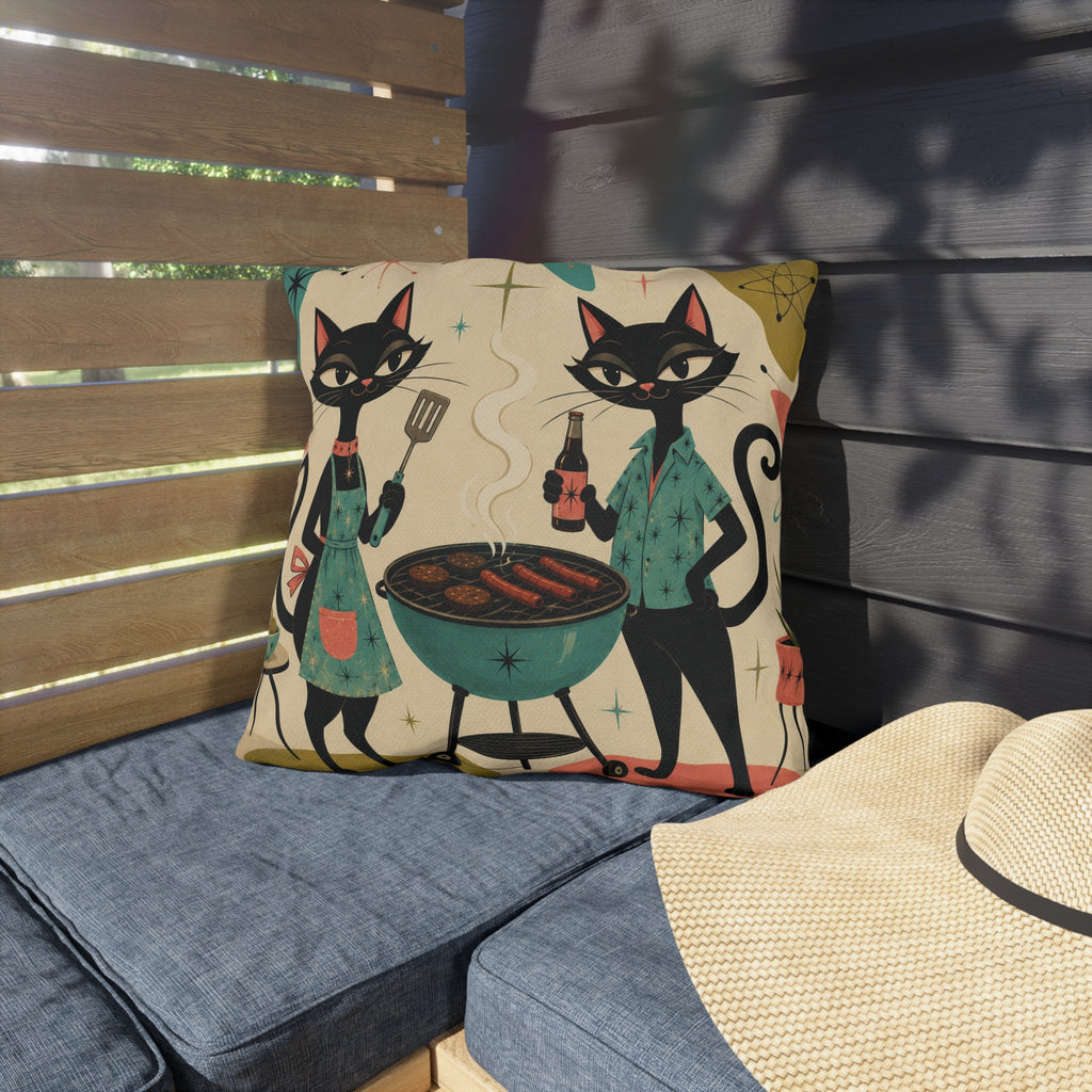 Retro Atomic Black Cats BBQ Outdoor Pillow | Mid Century Modern Cat Grill Decorative Cushion