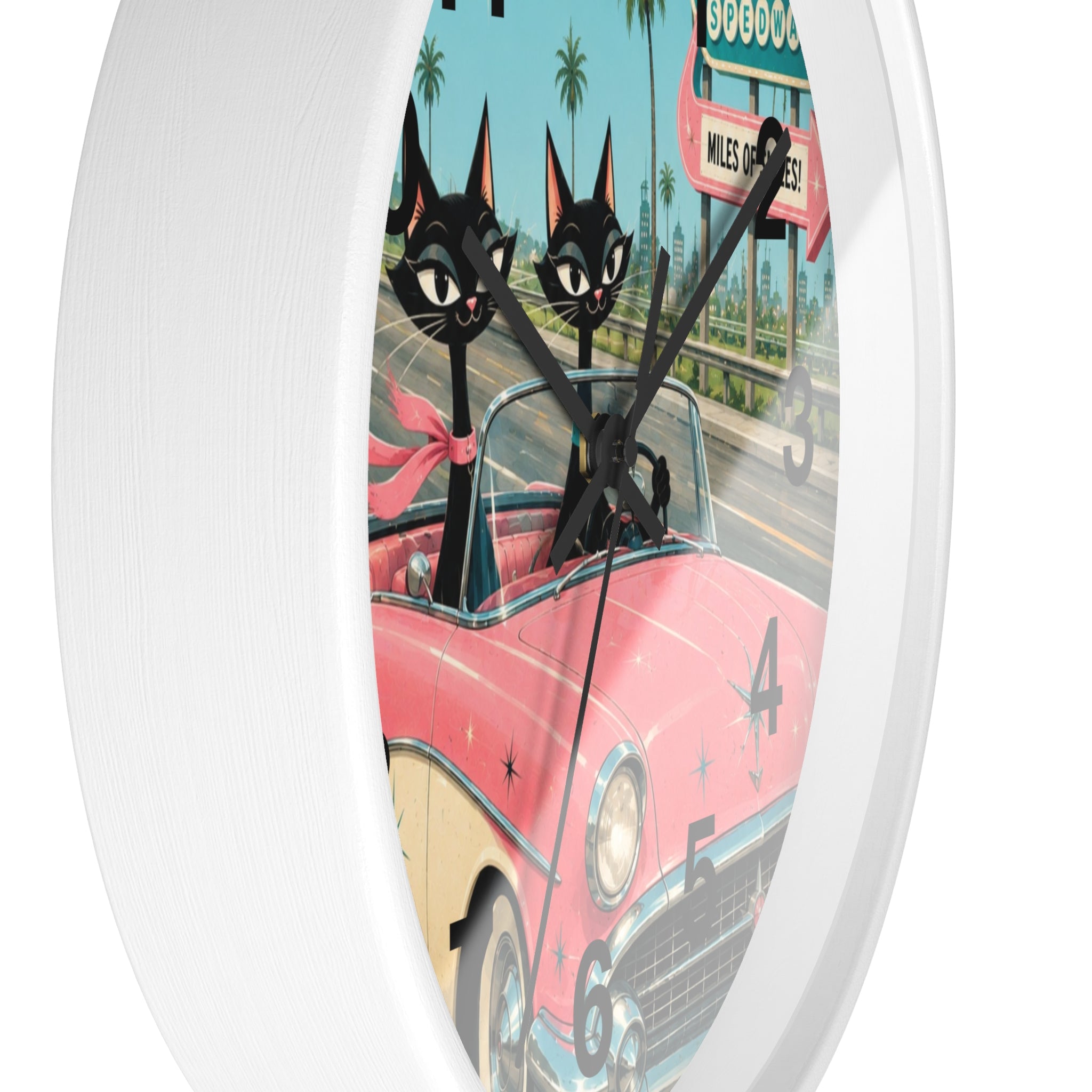 Retro Atomic Cat Roadtrip Wall Clock | Vintage Pink Convertible, Palm Trees