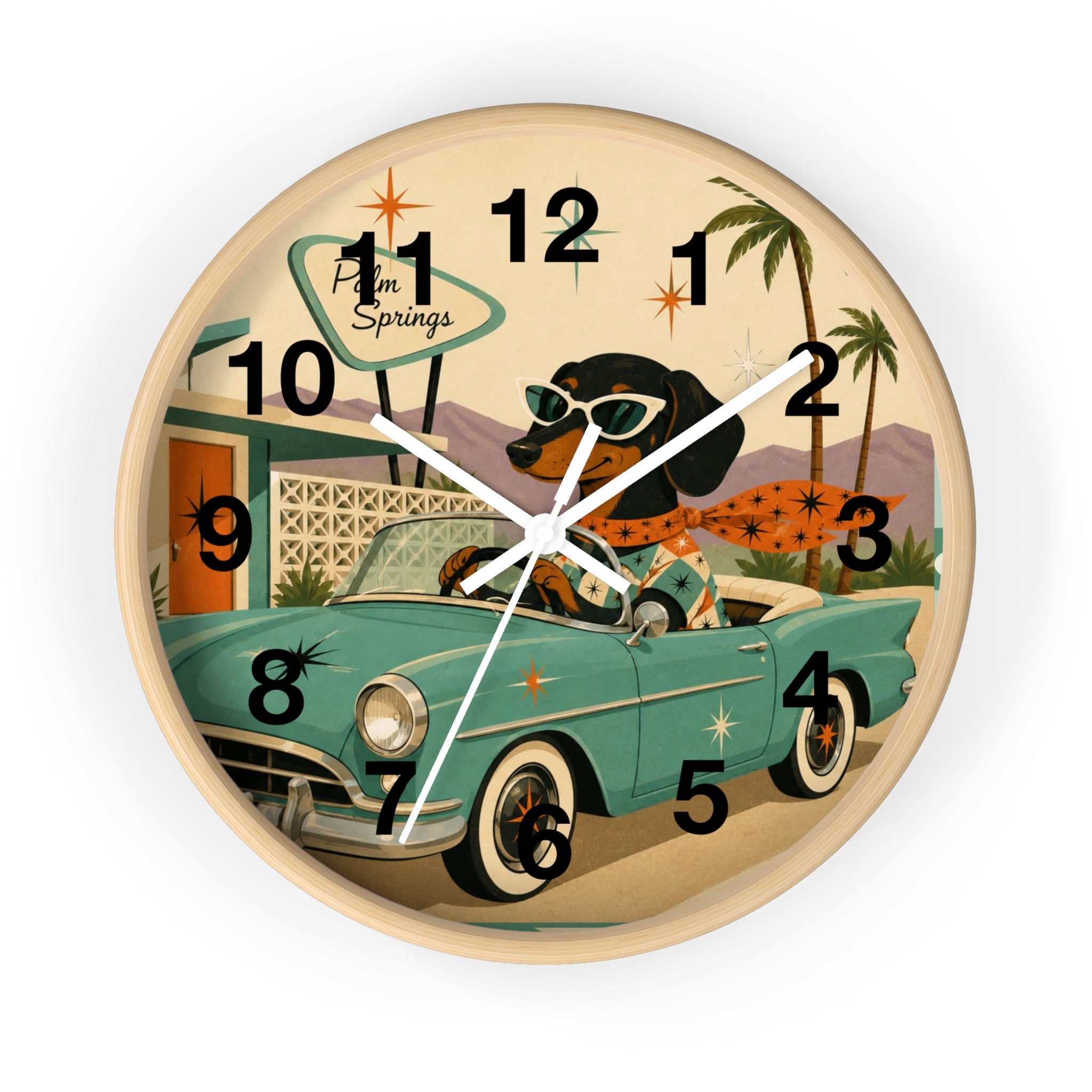 Dachshund Retro Roadtrip Wall Clock | Mid-Century Palm Springs Art