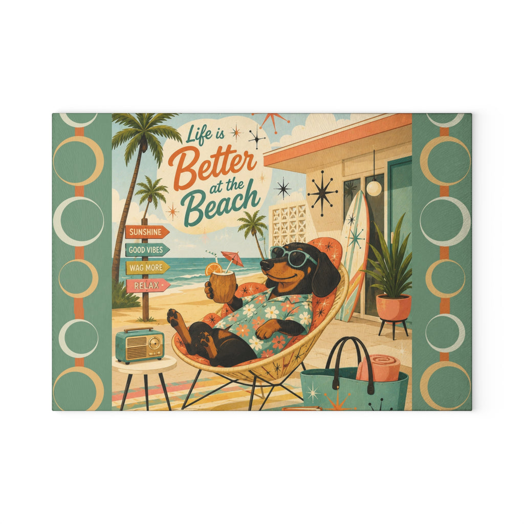 Life Is Better at the Beach Dachshund Glass Cutting Board | Retro Beach Scene