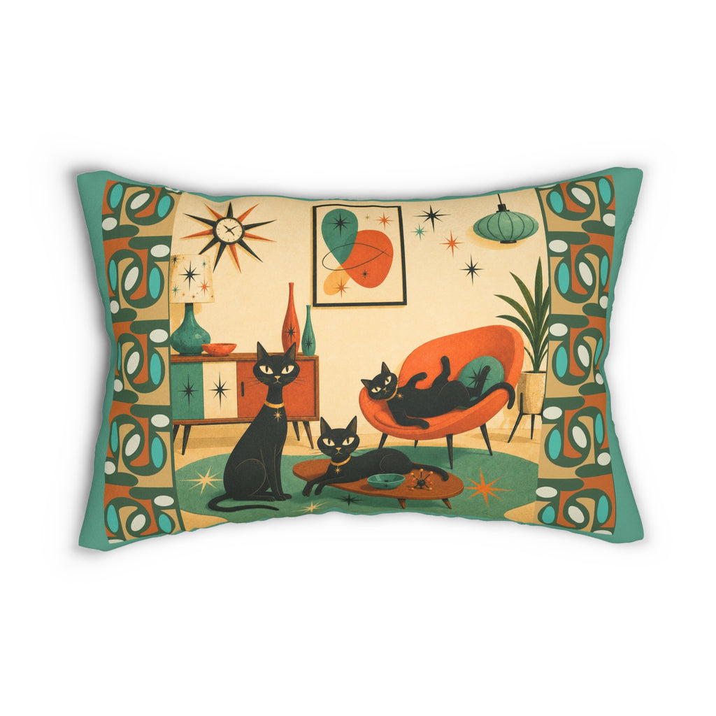 Mid Century Atomic Cats lumbar pillow | retro atomic living room design