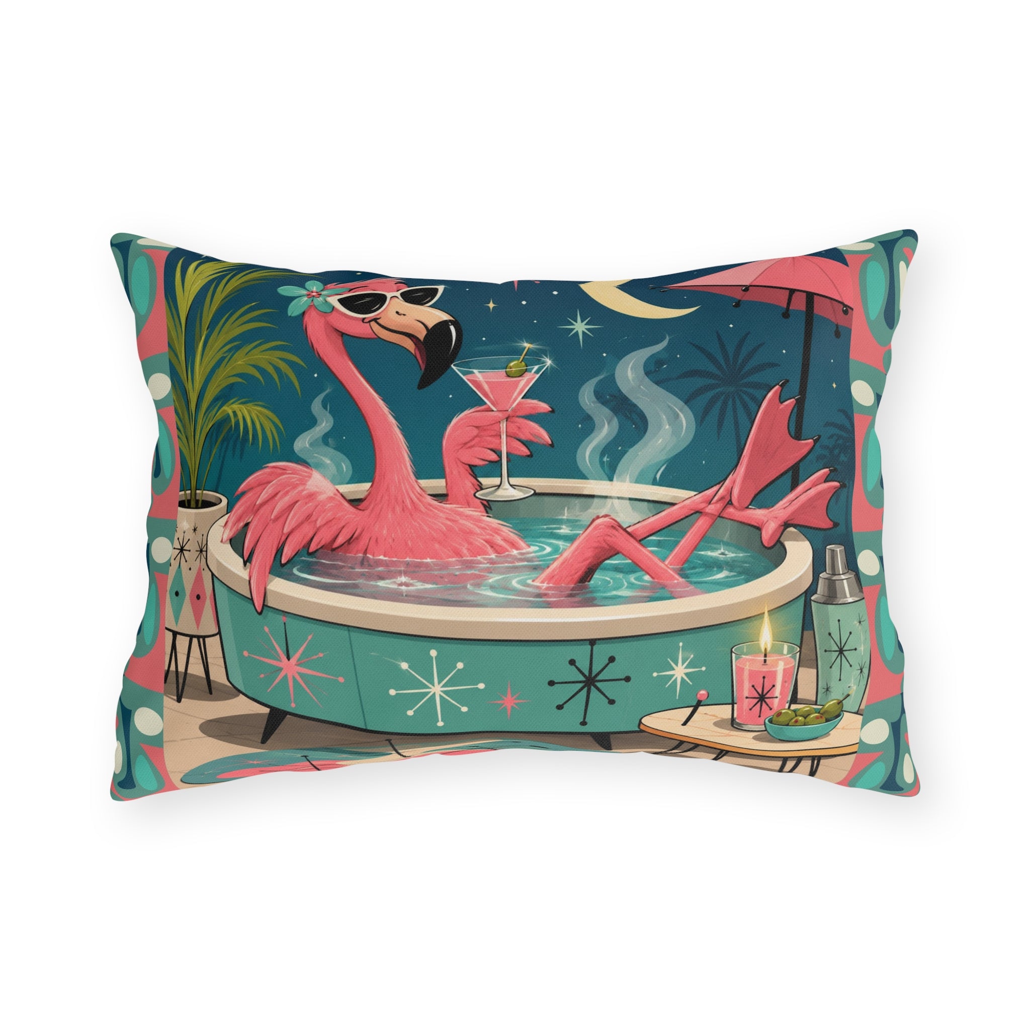 Retro Flamingo in Hot Tub Outdoor Pillow | Mid Century Tropical Patio Decor