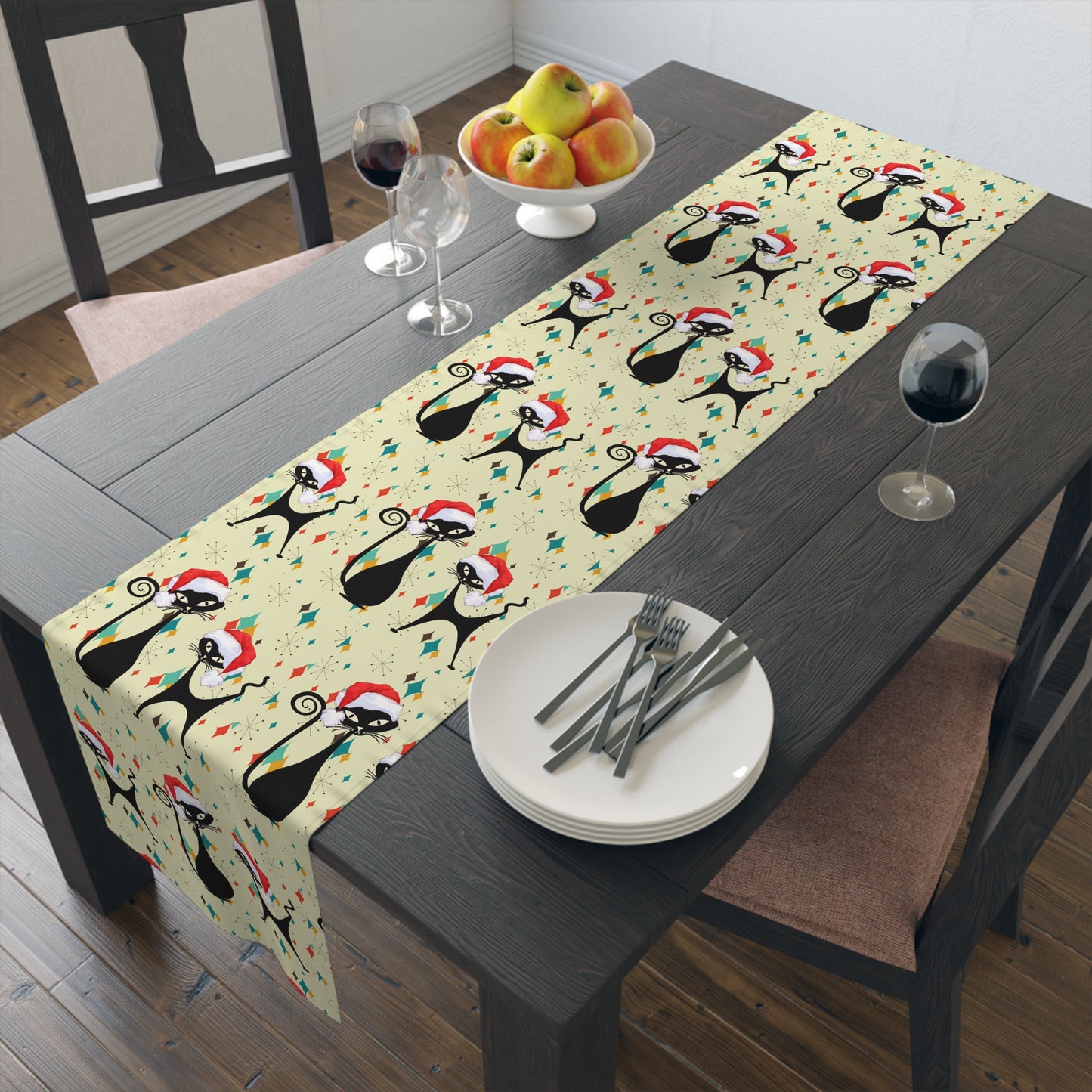 Atomic cat Christmas Retro Table Runner (Cotton, Poly), MCM Xmas tableware, Kitschy Christmas, Mid Century Christmas, black cat lover gift