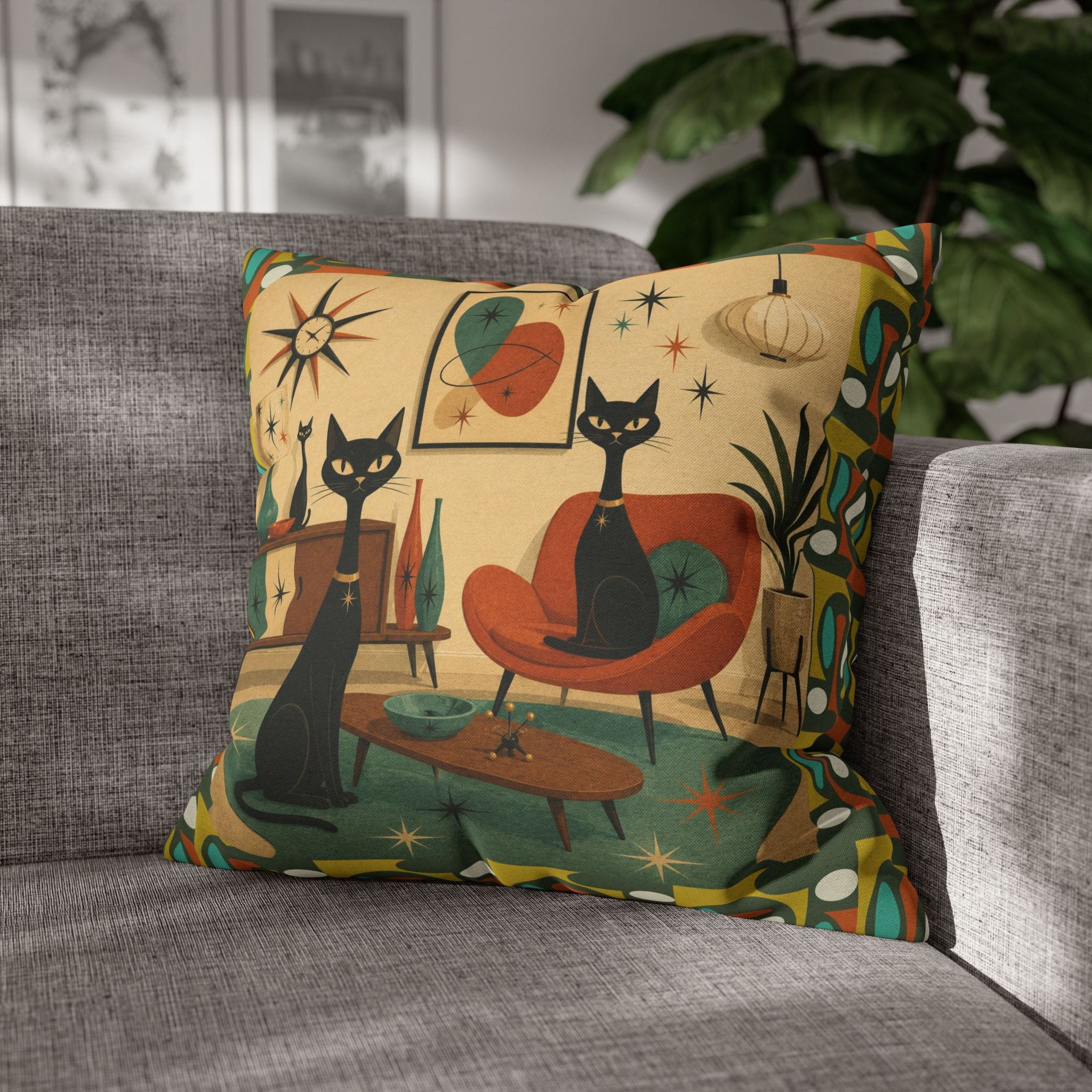 Mid Century Atomic Cats Pillowcase | Retro Atomic Living Room Throw Pillow - COVER ONLY