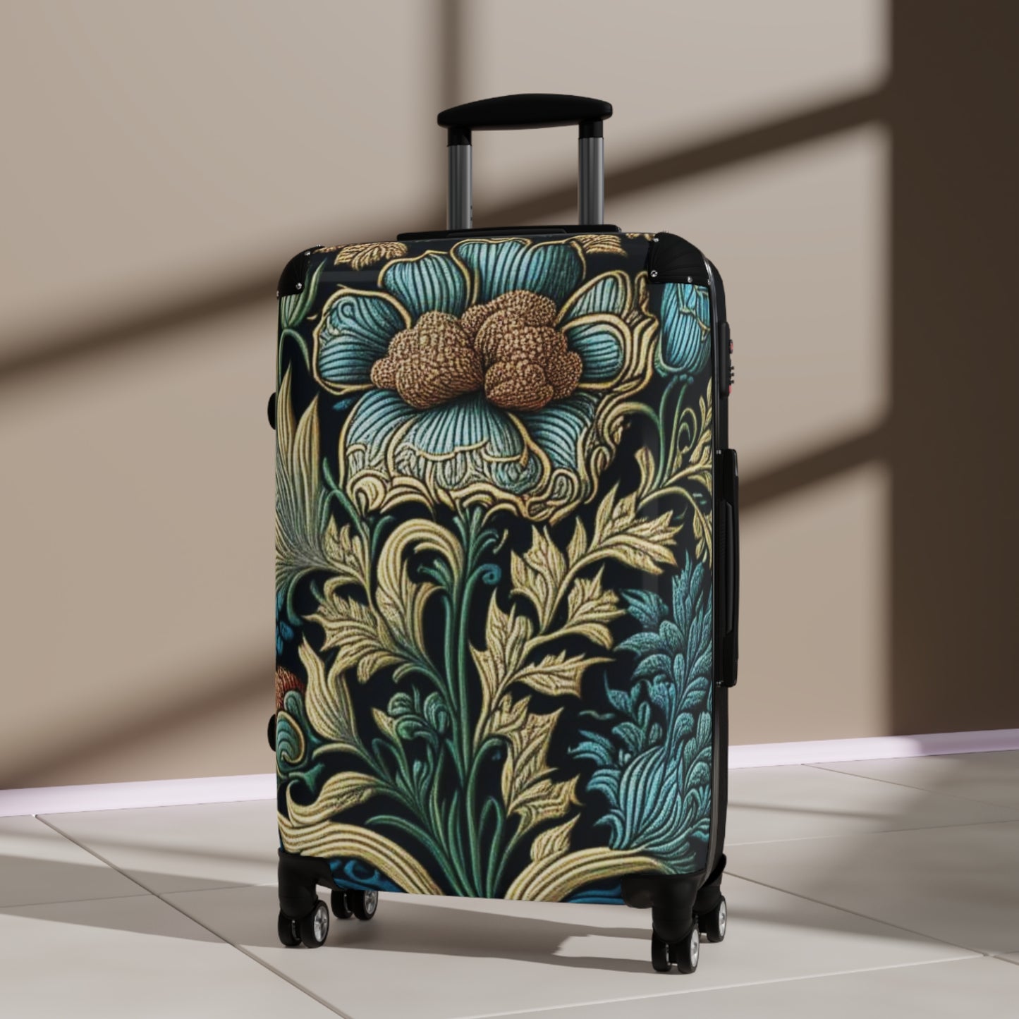 Floral design inspired by William Morrris Suitcase, lockable hard shell luggage for travel with wheels for an easy holiday