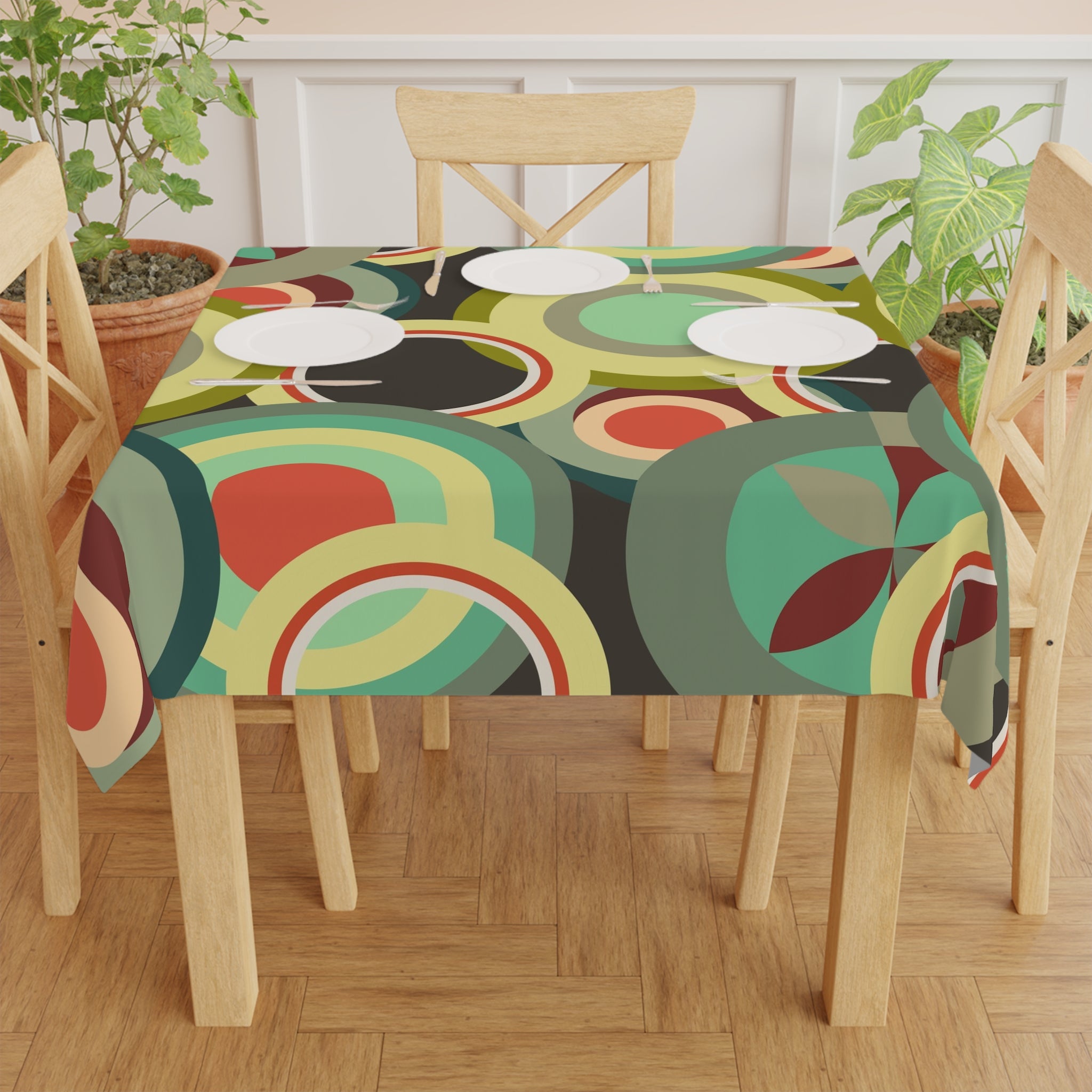 Retro colorful circles Tablecloth, Mid Century Modern, bold tableware, geometric shapes, funky, retro tableware