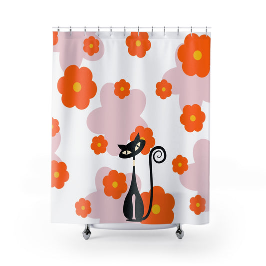 Atomic cat retro Orange and pink blooms Shower Curtain, MCM bathroom, kitschy, Mid Century Modern, housewarming, black cat lover gift