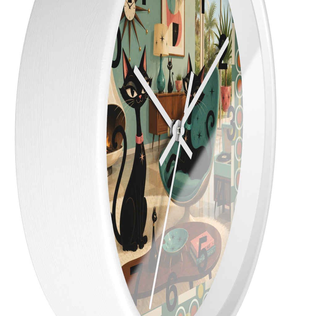 Mid Century Atomic Black Cats Wall Clock | Retro Living Room Decor