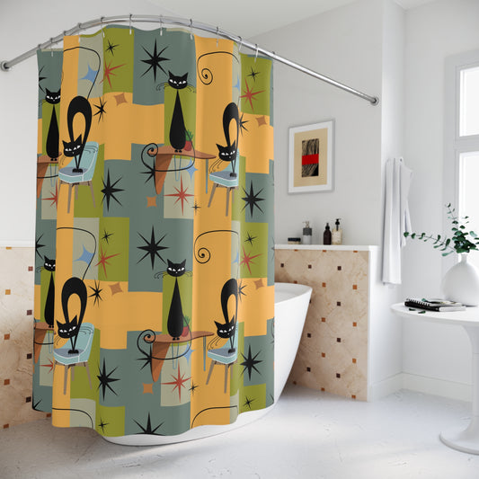 Atomic cat art retro Shower Curtain, MCM bathroom, Mid Century Modern, black cat lover gift, Bathtub, stall shower curtain