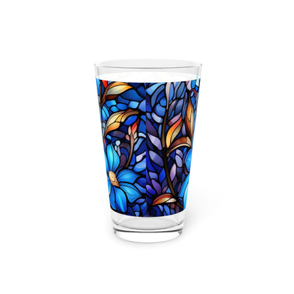 Blue flower stained glass (look only) Pint Glass, 16oz (Price is per glass)