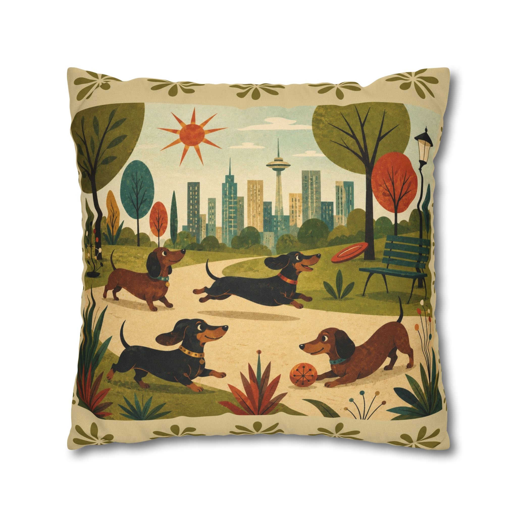 MCM Dachshund Park Scene Pillowcase | Square Decorative Throw Pillowcase - COVER ONLY