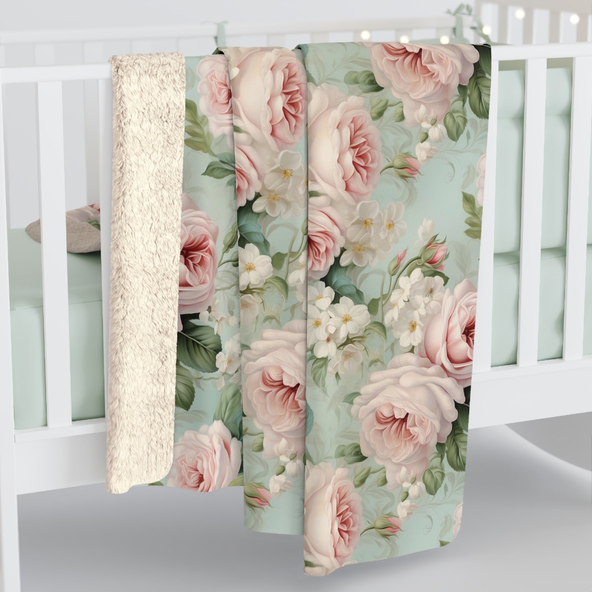 Pink vintage roses shabby chic style Sherpa Fleece Blanket, throw blanket, bedroom living room couch blanket