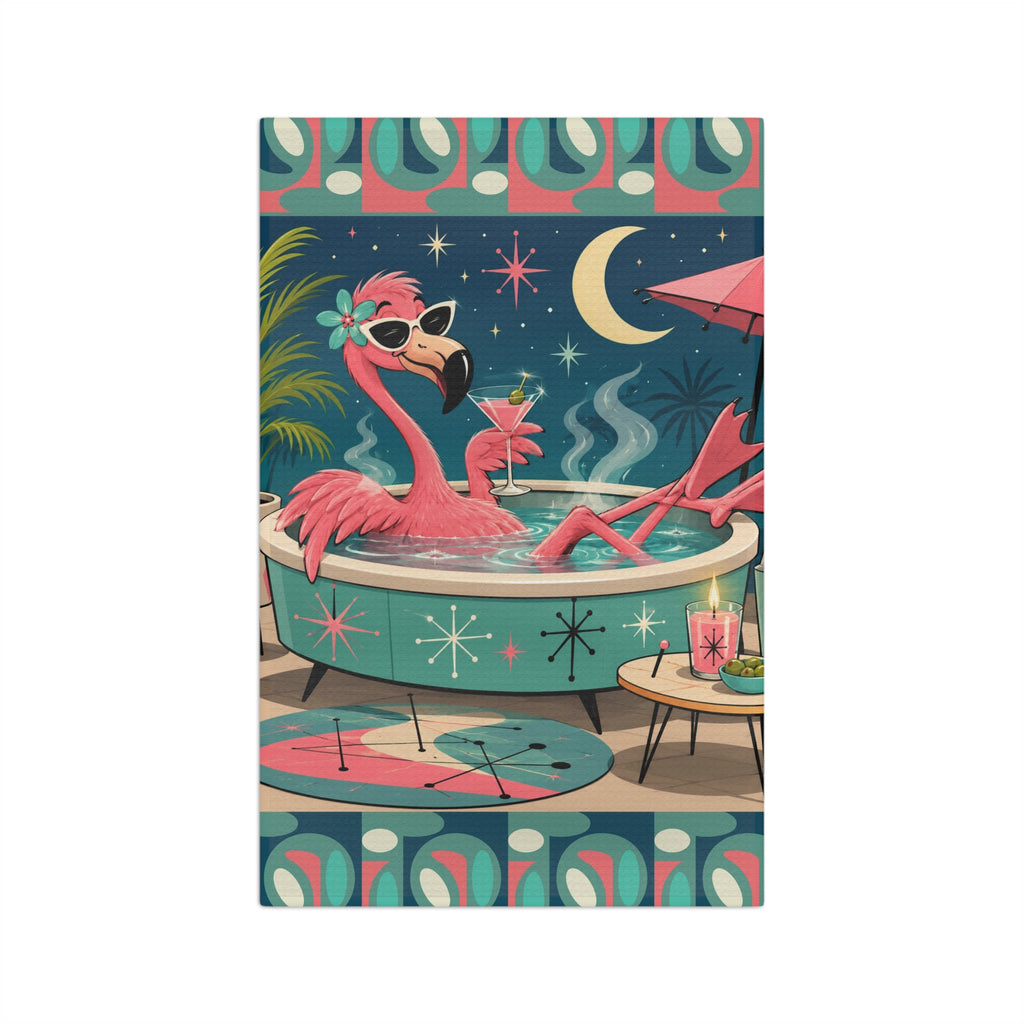 Retro Flamingo in Hot Tub Microfiber Tea Towel | Mid Century Tropical