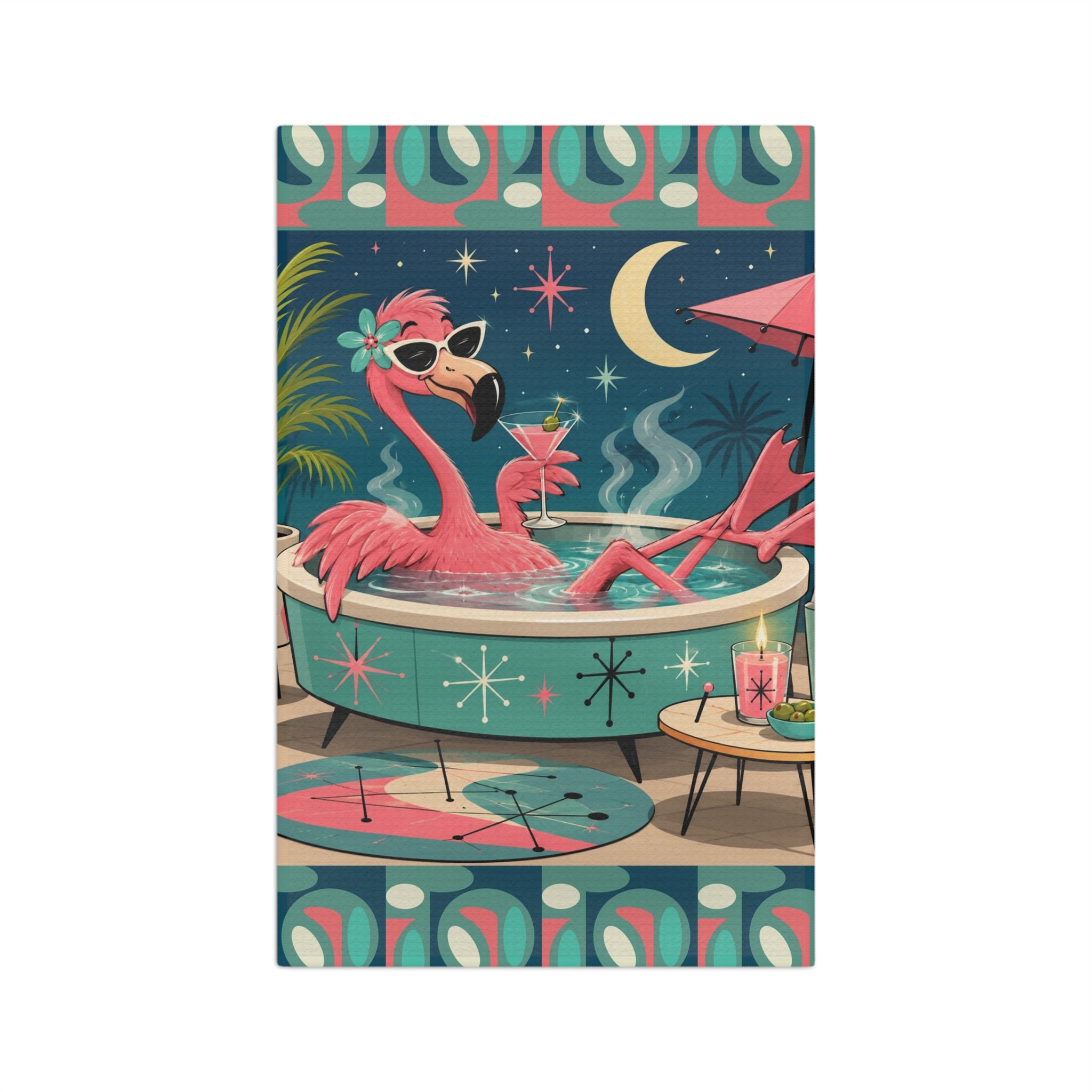 Retro Flamingo in Hot Tub Microfiber Tea Towel | Mid Century Tropical