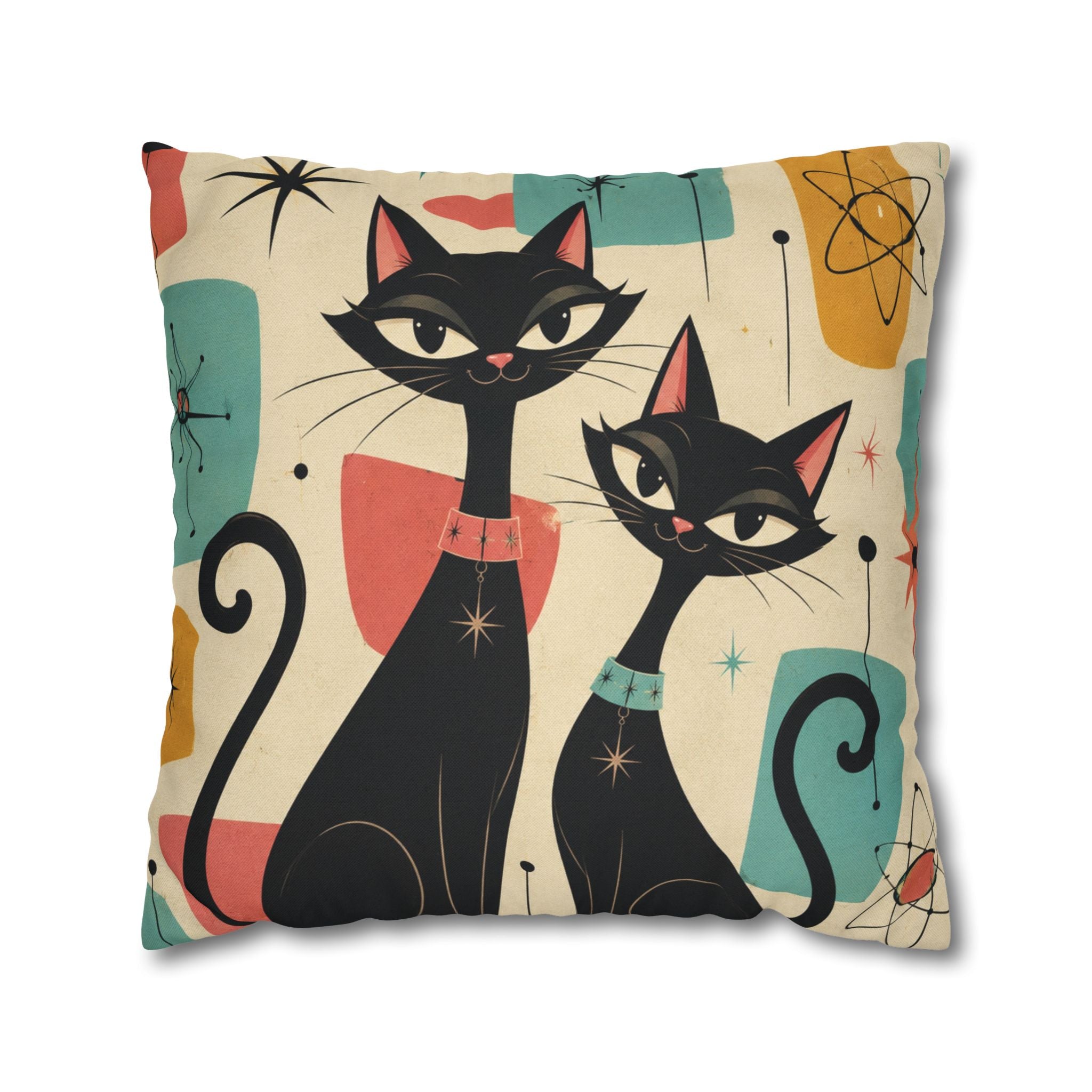 Mid Century Retro Atomic Black Cats Pillowcase | Spun Polyester Square Pillowcase - COVER ONLY