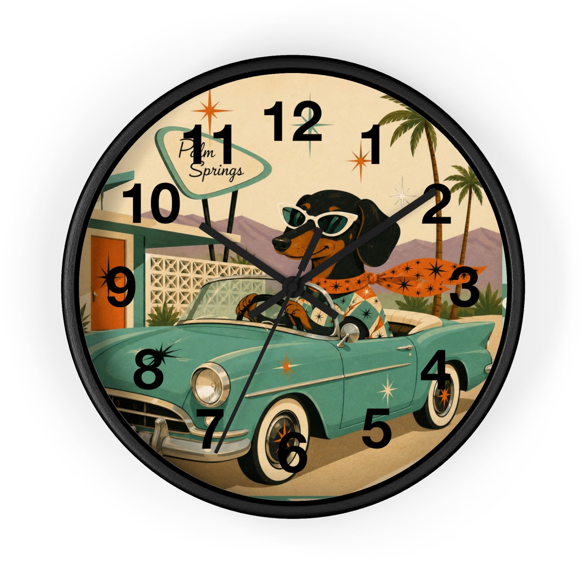 Dachshund Retro Roadtrip Wall Clock | Mid-Century Palm Springs Art