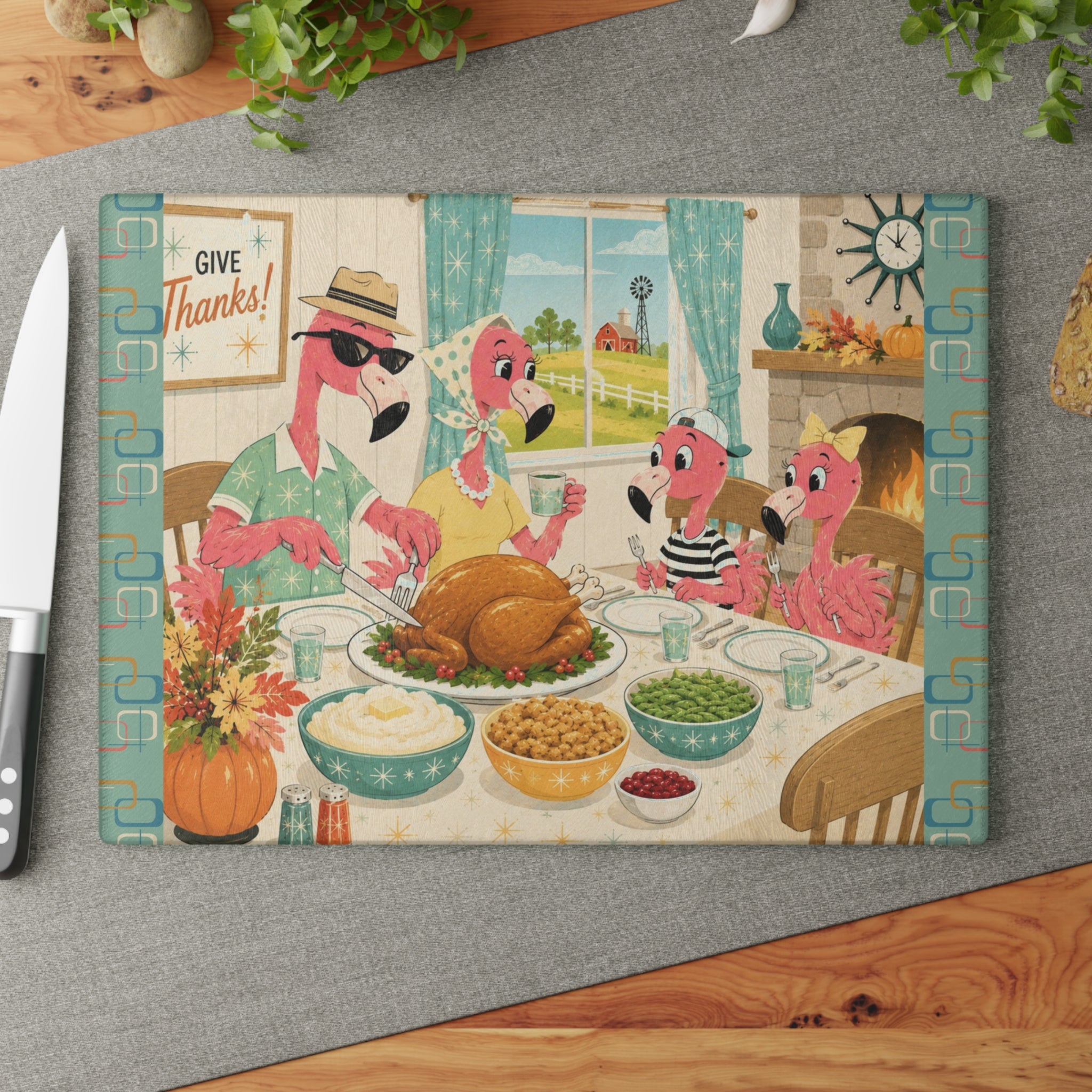 MCM Flamingo Family Thanksgiving Glass Cutting Board | Holiday Kitchen Decor