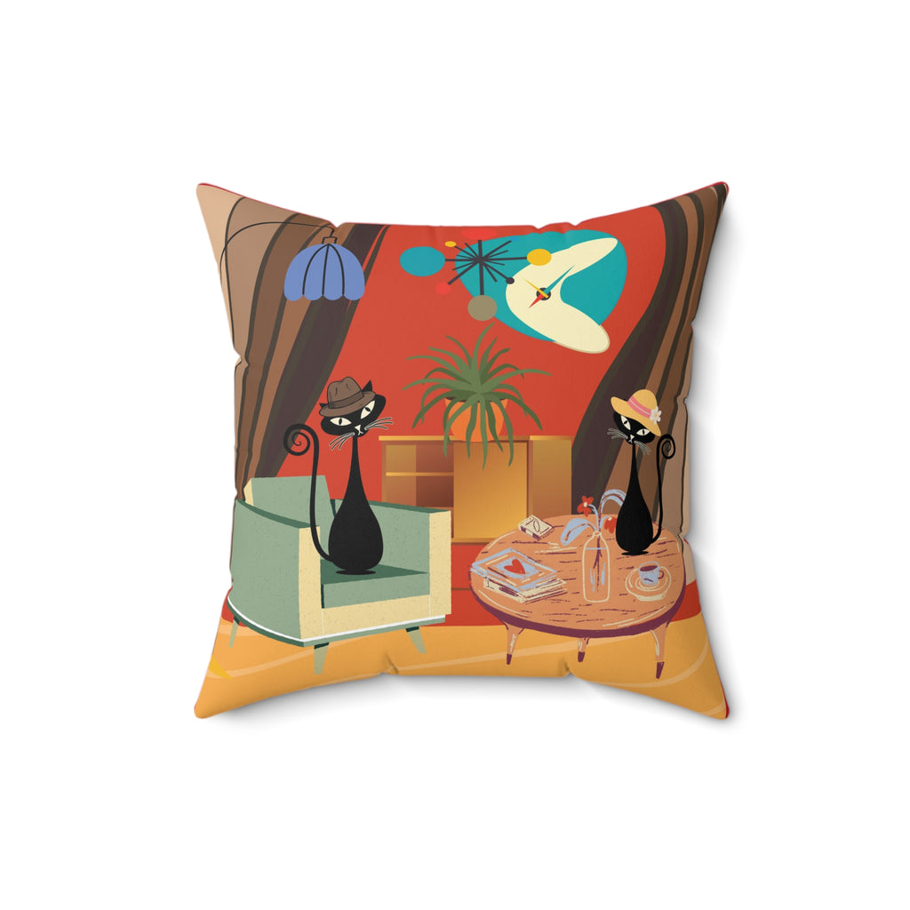 Atomic cat MCM Spun Polyester Square Pillow, retro scatter throw cushion, Mid Century Modern, black cat lover gift