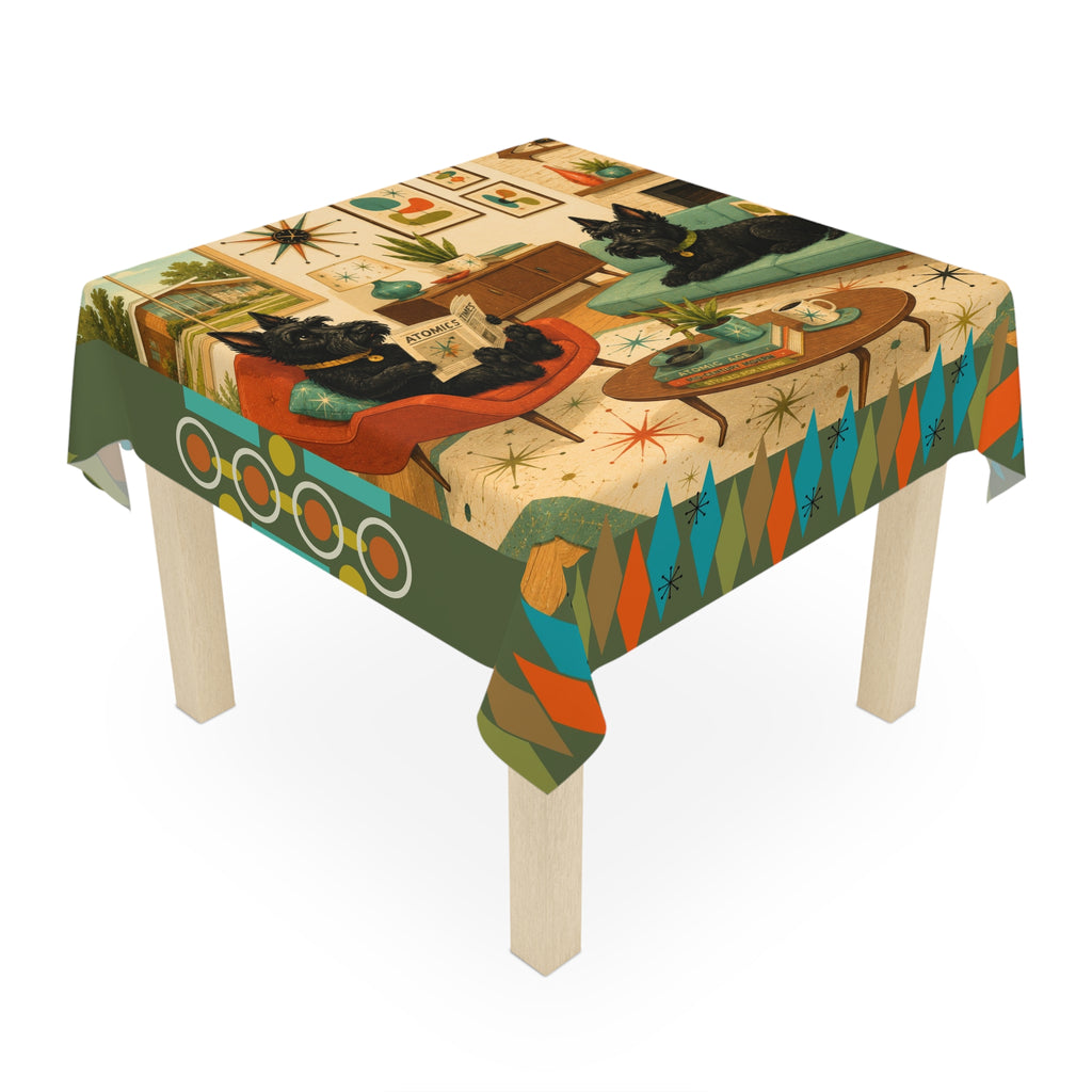 Mid Century Living Room with Scottish Terriers Tablecloth | Retro Atomic Print