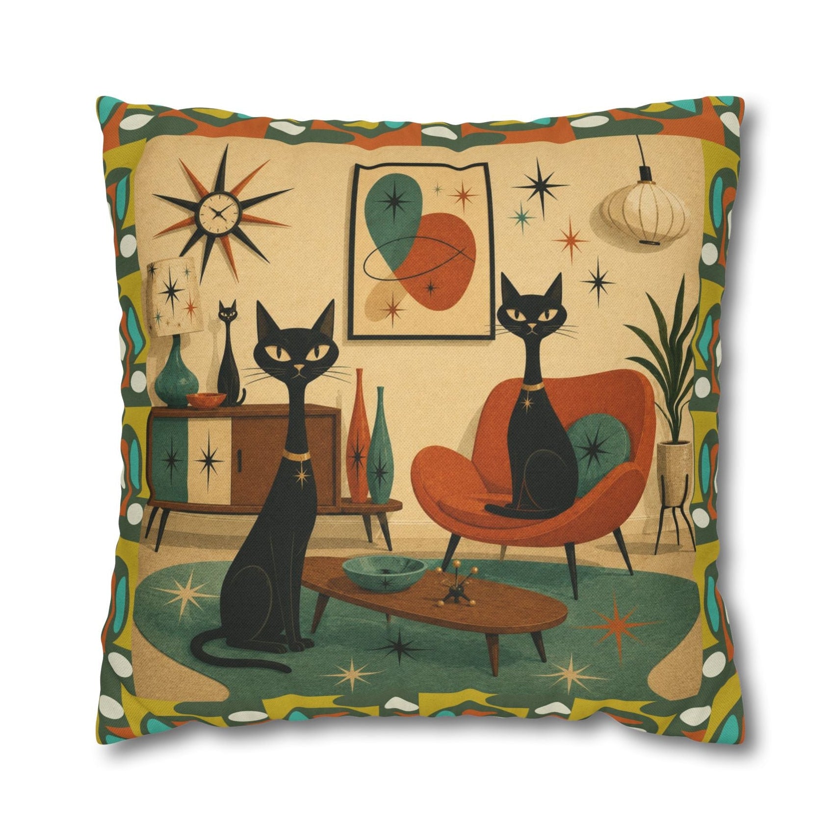 Mid Century Atomic Cats Pillowcase | Retro Atomic Living Room Throw Pillow - COVER ONLY