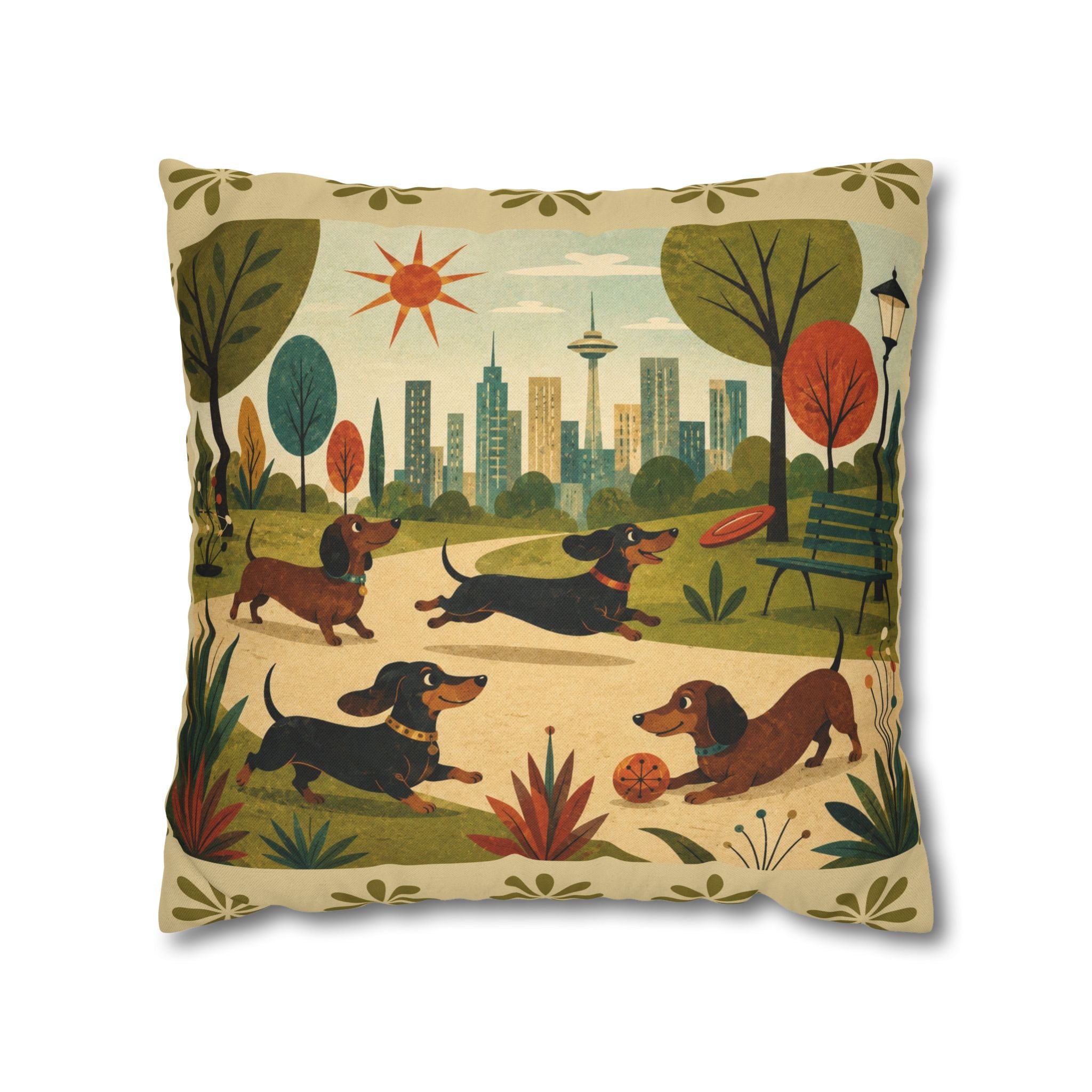 MCM Dachshund Park Scene Pillowcase | Square Decorative Throw Pillowcase - COVER ONLY