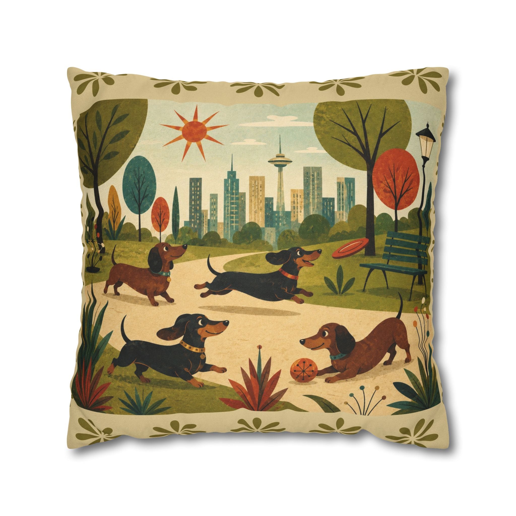 MCM Dachshund Park Scene Pillowcase | Square Decorative Throw Pillowcase - COVER ONLY