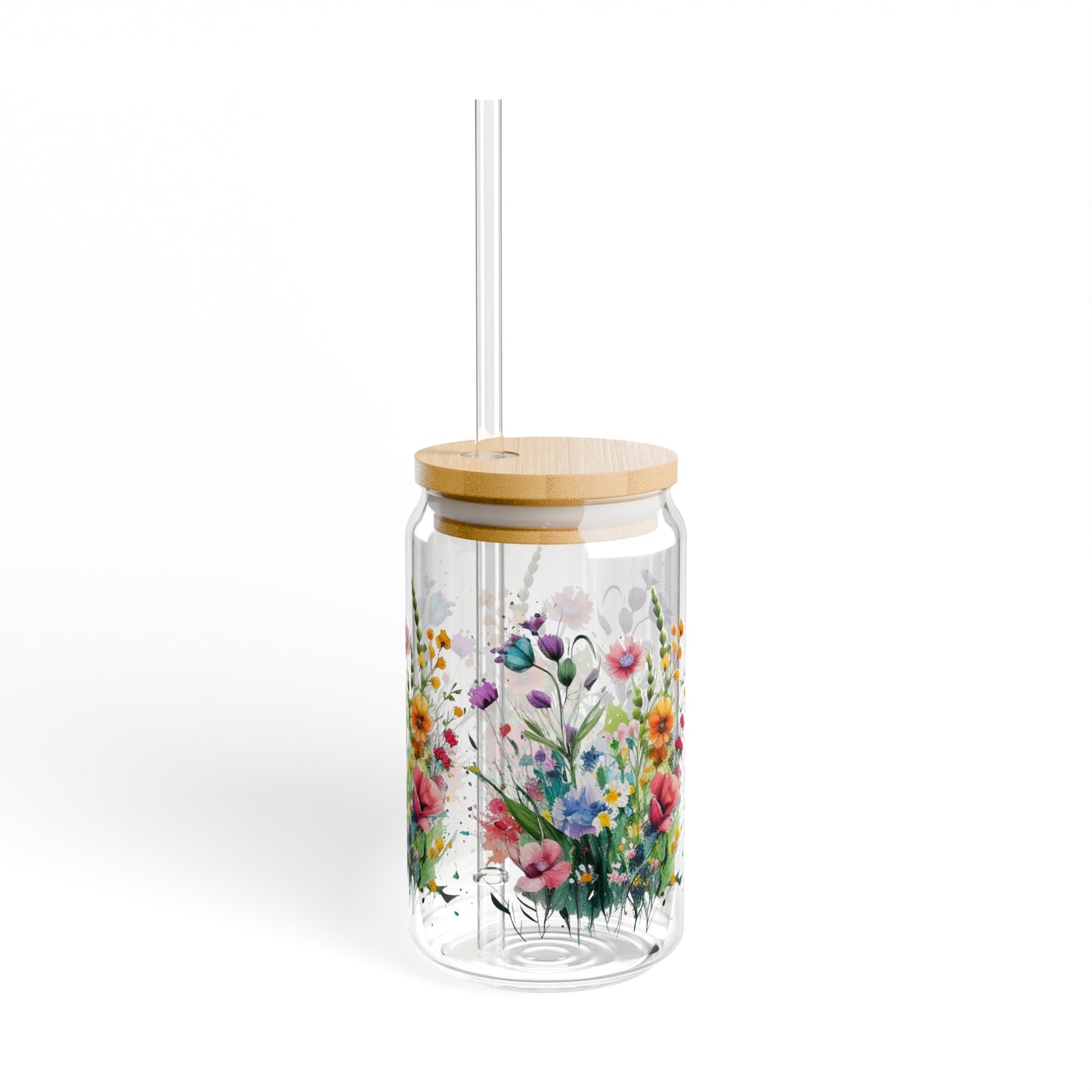 Wildflowers floral Sipper Glass, 16oz, flower glassware, cute coffee cup, iced coffee glass, drinking glass