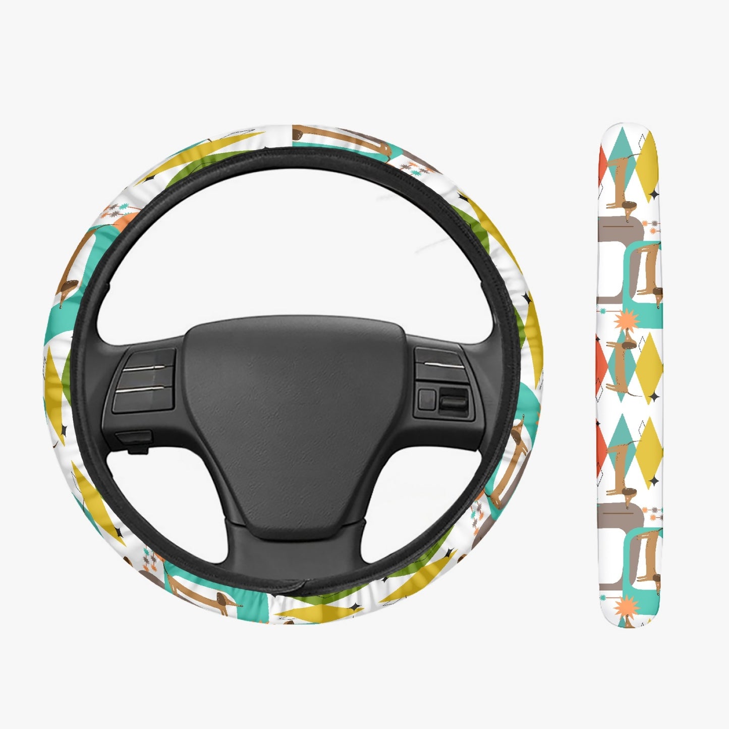 Mid Century Modern Dachshund retro Steering Wheel Cover, auto car interior, dog owner, MCM new car gift