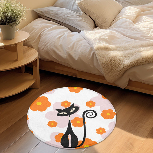 Atomic cat orange daisy Faux Cashmere round floor rug, MCM home decor, retro inspired, kitschy, Mid Century Modern, black cat lover gift