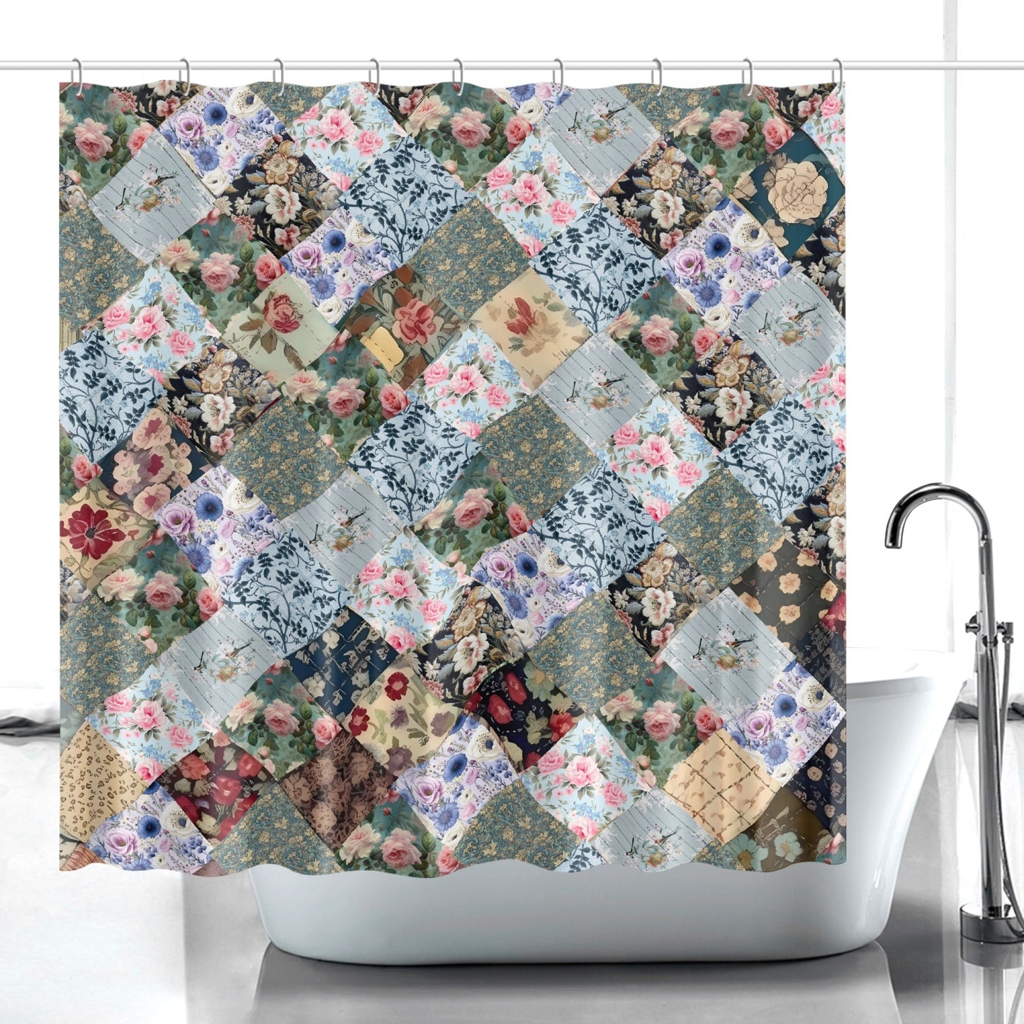 Patchwork Look FAUX design floral blues Quick-drying Shower Curtain