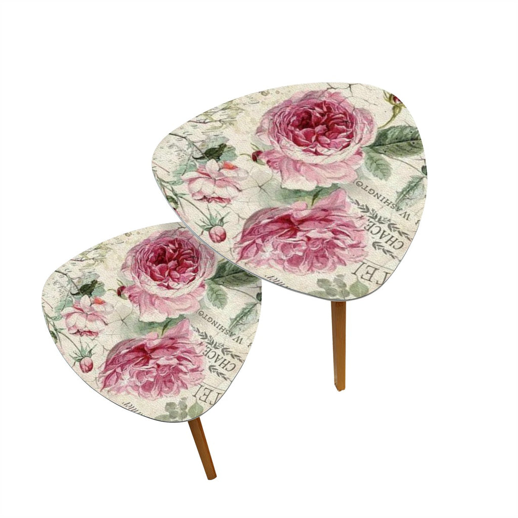 Triangle Coffee Table Set of 2 (Made in USA) Shabby chic pink peony rose tables