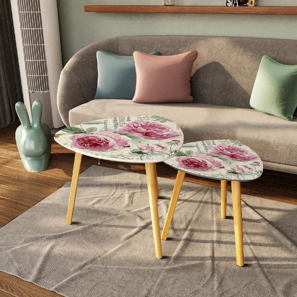 Triangle Coffee Table Set of 2 (Made in USA) Shabby chic pink peony rose tables