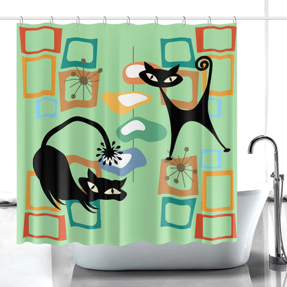 Atomic cat Mid Century Modern green. Quick-drying Shower Curtain, retro bathroom, 50s 60s inspired design