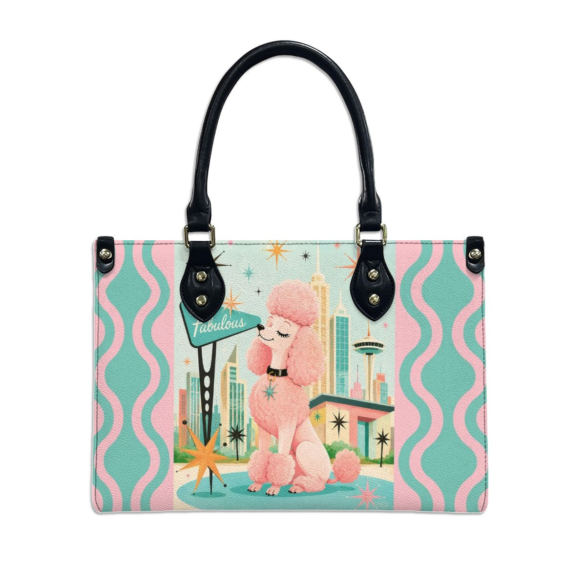 PU leather Tote Bag MCM Pink Poodle handbag, Mid Century Purse