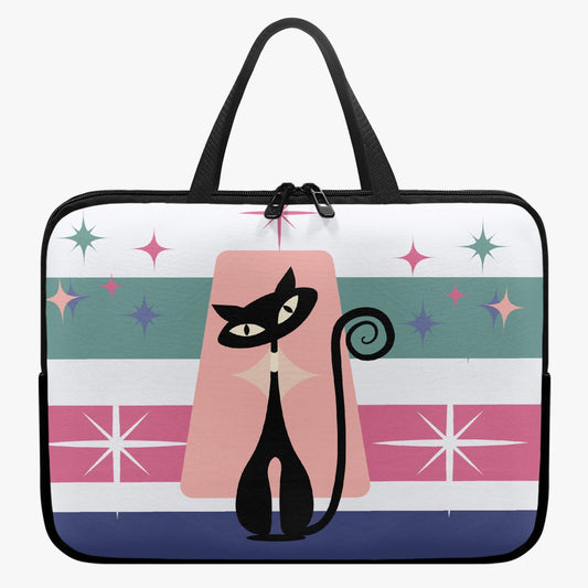 MCM atomic cat. Laptop Sleeve, retro inspired, kitschy, laptop bag, black cat lover gift