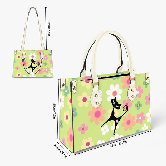 Atomic cat flower power retro Women's Tote Bag - Long Strap, MCM shoulder bag, Mid Mod handbag, black cat lover gift