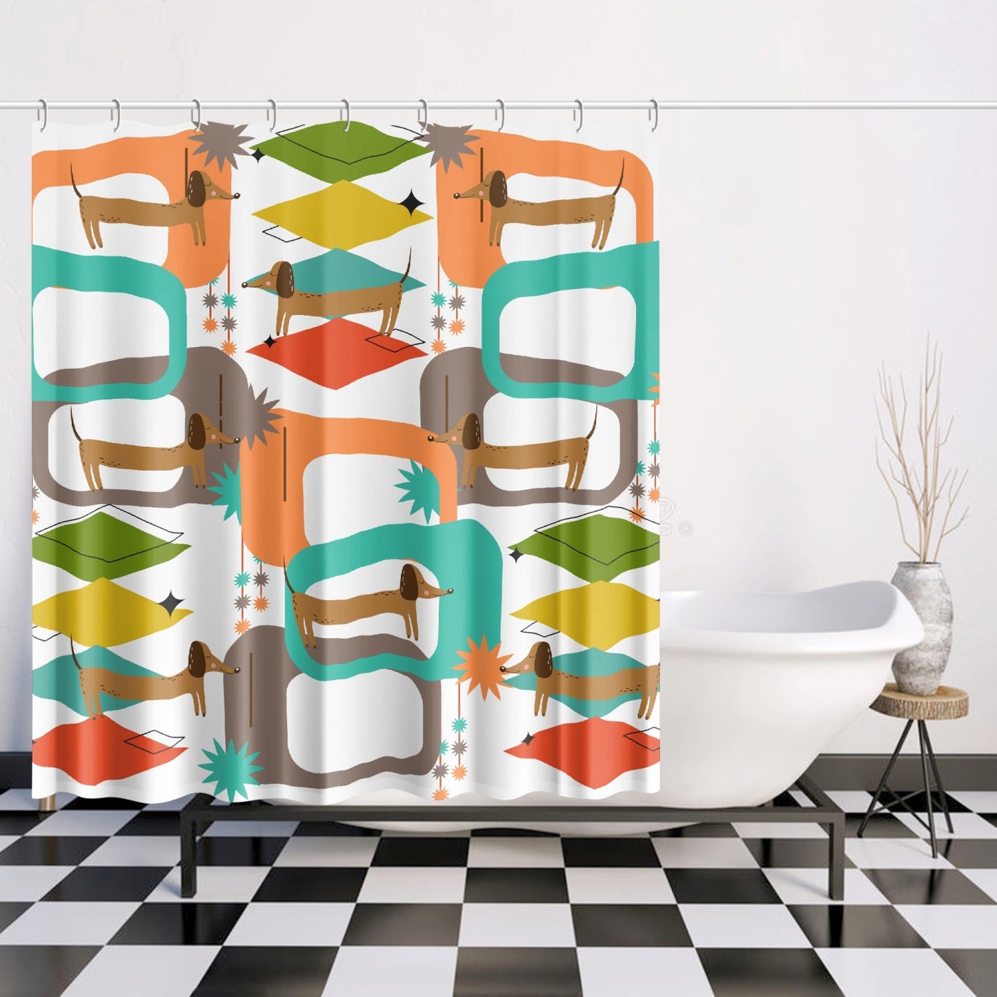 Cute Dachshund mid century modern retro inspired Quick-drying Shower Curtain