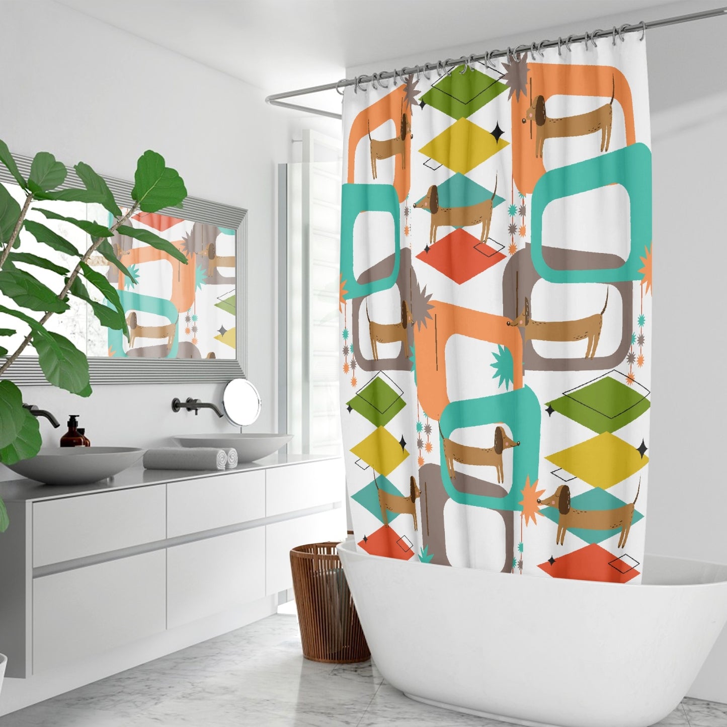 Cute Dachshund mid century modern retro inspired Quick-drying Shower Curtain