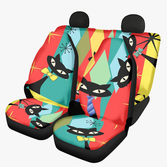 Colorful Atomic cat retro Microfiber Car Seat Covers - 3Pcs, MCM car interior, 50s 60s inspired, black cat lover gift