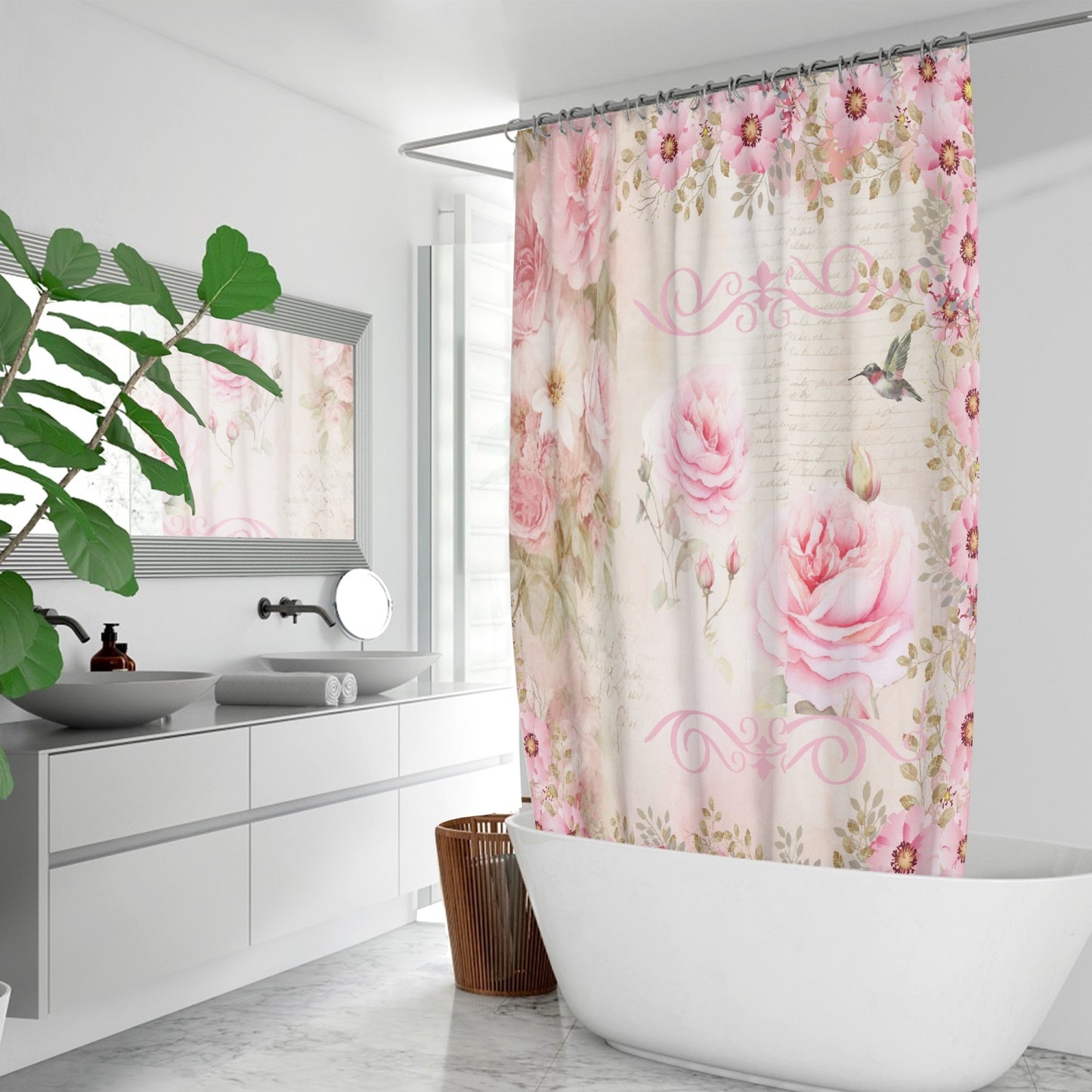 Shabby chic style pink flowers Quick-drying Shower Curtain, French vintage inspired, floral, Farmhouse, bathtub stall shower curtain